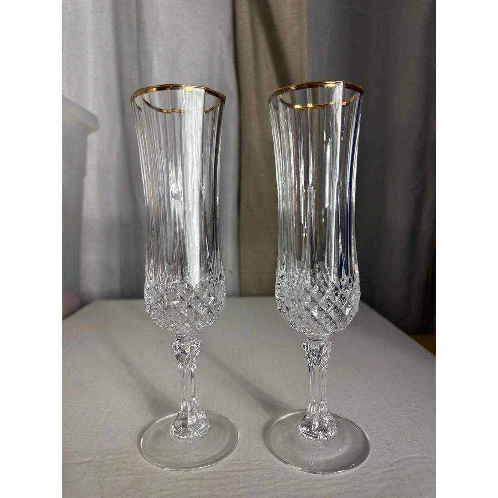 Vintage Gold Rim Octagonal Champagne Flutes Set of 2 Diamond Cut Glass Stemware